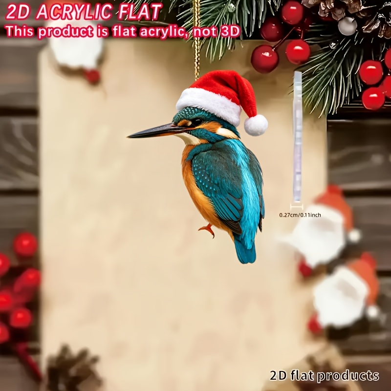 TEMU 2d Flat, 1pc Kingfisher Bird Hanging Ornament With Santa Hat - Suitable For Christmas Tree Decorations, Car & Charms, Wallet Pendant, Holiday