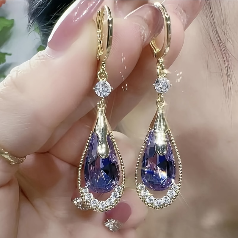 

Sparkling Purple Crystal Droplet Shaped Earrings, Simple And Atmospheric Earrings, Fashionable And Elegant Alloy Jewelry Earrings Christmas Gift