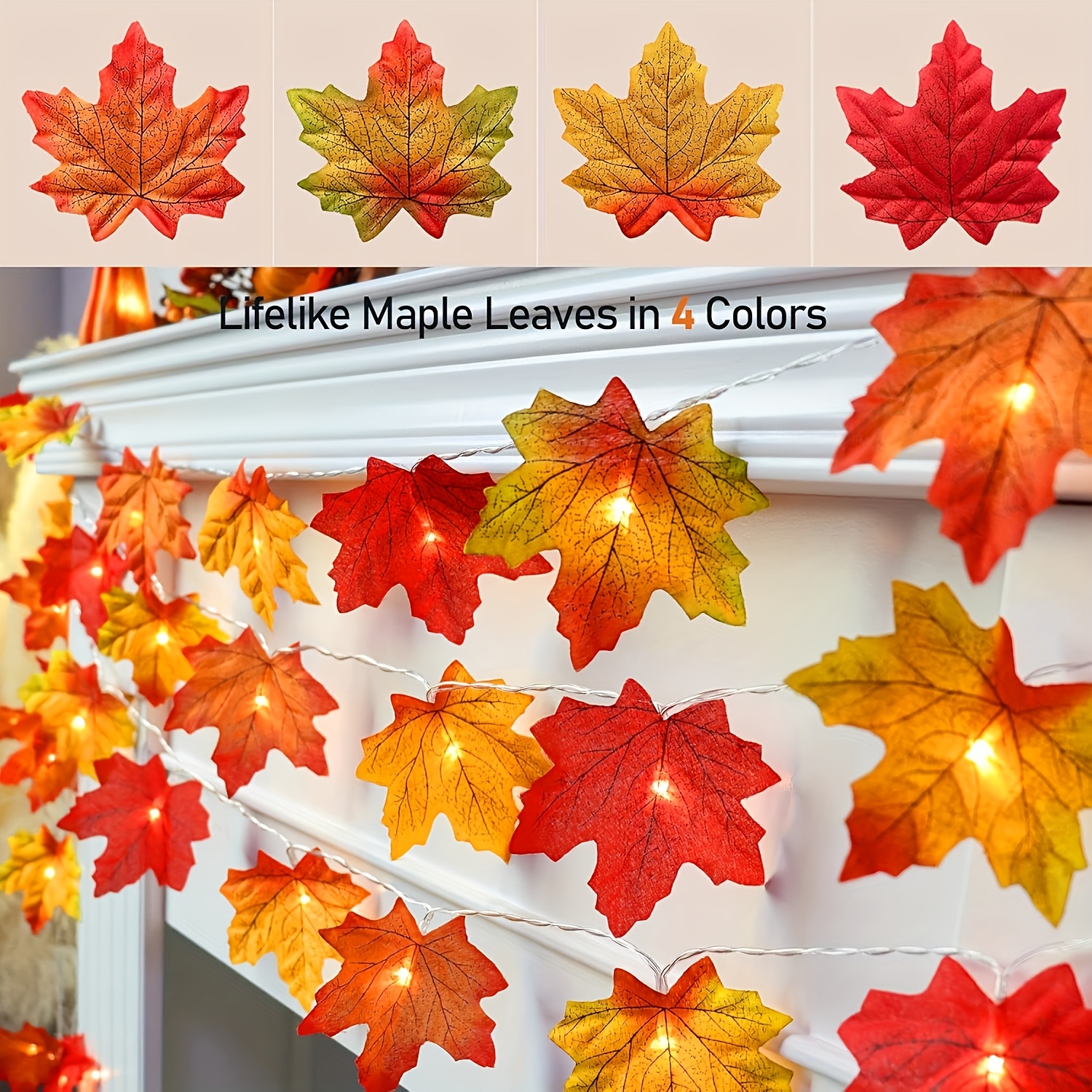 TEMU Maple Leaf Garland Lights With -free Suitable For Thanksgiving & Halloween Decorations - Plastic Fall Garland With Lights For Mantel, Fireplace,