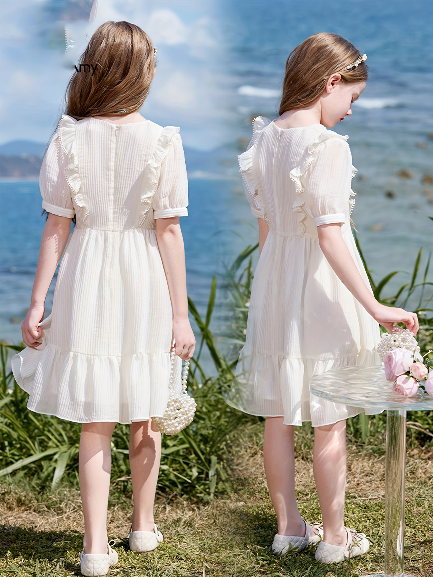 girls lightweight chiffon dress with   hem v neck short sleeve cinched waist invisible zipper back summer beach   for     dress Product details 1