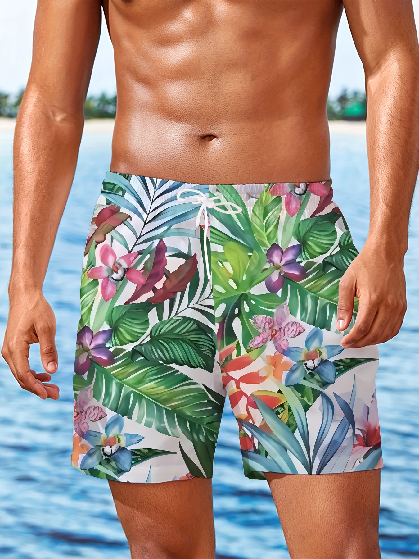 shorts de praia masculinos com estampa floral tropical Temu