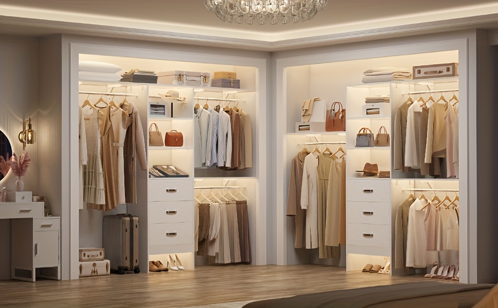 Closet System with Drawer - 8ft Wood Closet Organizer System with 3 Hanging Rods And Shelving Tower, 96