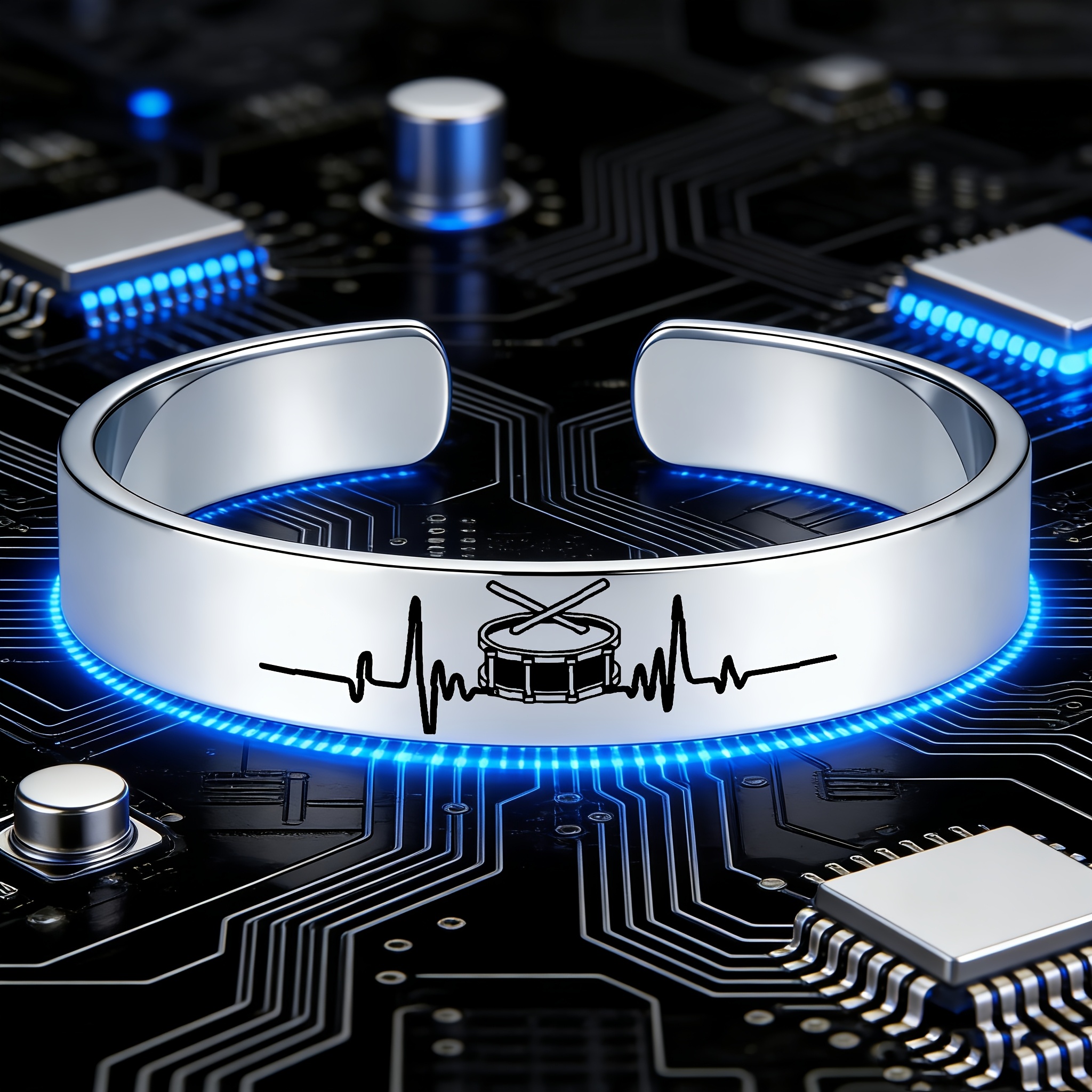 Music Heartbeat Drum Pattern Open Bangle, Gift for Music Lovers