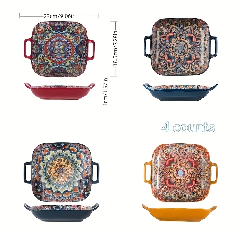 4pcs Bohemian Style Ceramic Salad Plates | Dual Handle Baking Dish, Suitable For Oven And Microwave, Vibrant Floral Pattern, Perfect Pairing With Pasta, Aesthetic Tableware Accessory