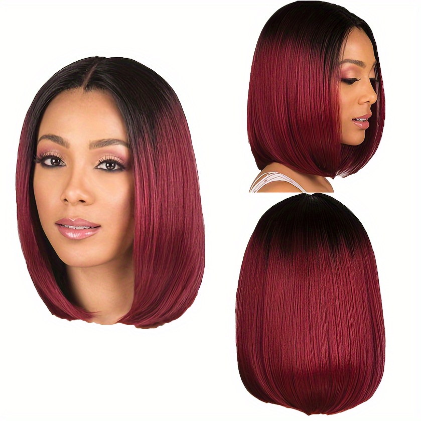 

Elegant Ombre Burgundy Bob Wig For Women - Short Straight, Middle Part, Natural Synthetic Hair With Cap Net
