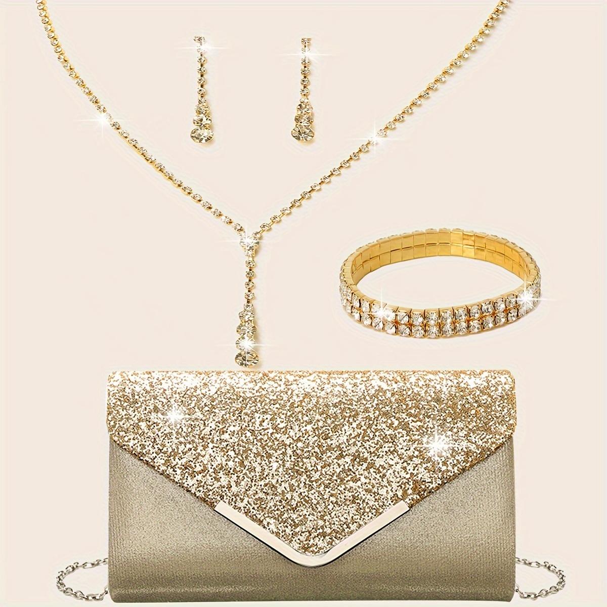 

4pcs/set Glitter Envelope Clutch Bag, Shiny Rhinestone Dinner Purse, Women's Formal Earrings Necklace Bracelet Set