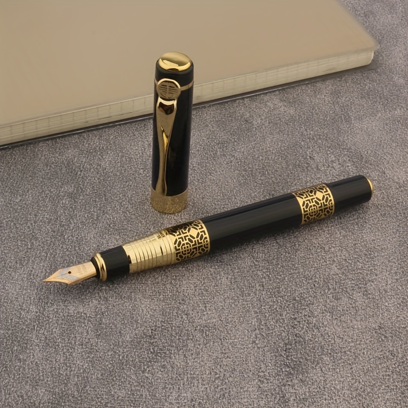 

Vintage Black Metal Fountain Pen, Fine Point, Refillable Ink, Snap Cap Closure - Elegant Writing Instrument For Office And School