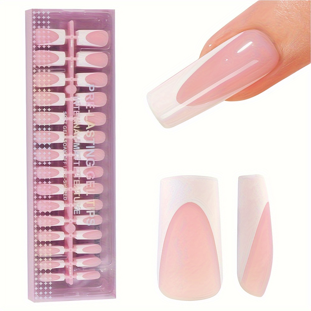 E-shop 150 Stk. mittel-lange rechteckige rosa weiße Gel-Press-On-Künstliche-Nägel im tiefen , 3-in-1-Design in 15 Größen, geeignet für Nagelstudios zur