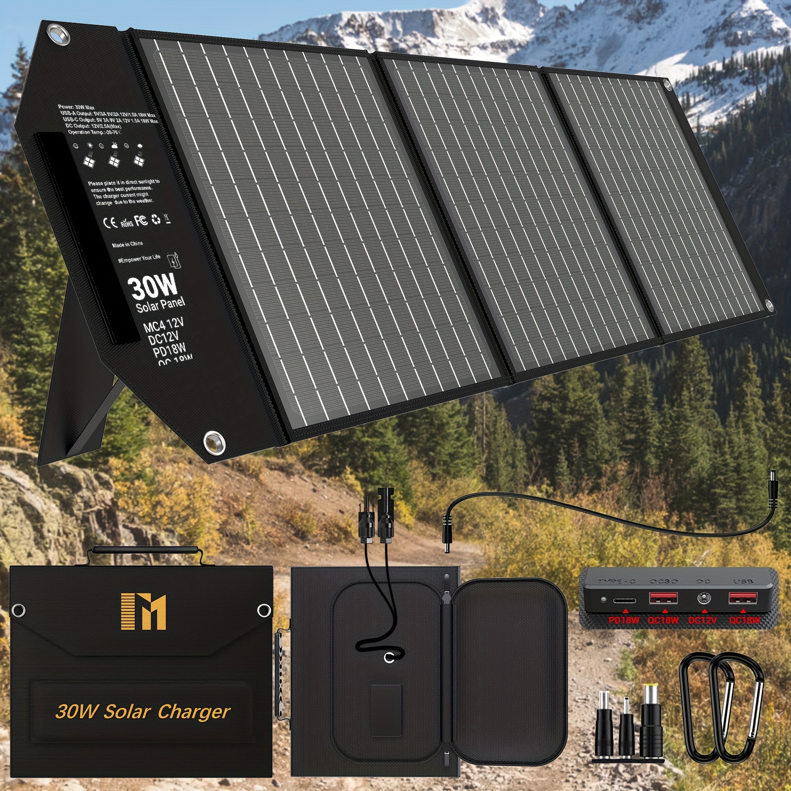 Travel-Ready 30W Solar Charger - Portable Foldable Panel with 18V MC4, Dual USB-A (QC3.0), and USB-C (PD18W) Ports 详情 0