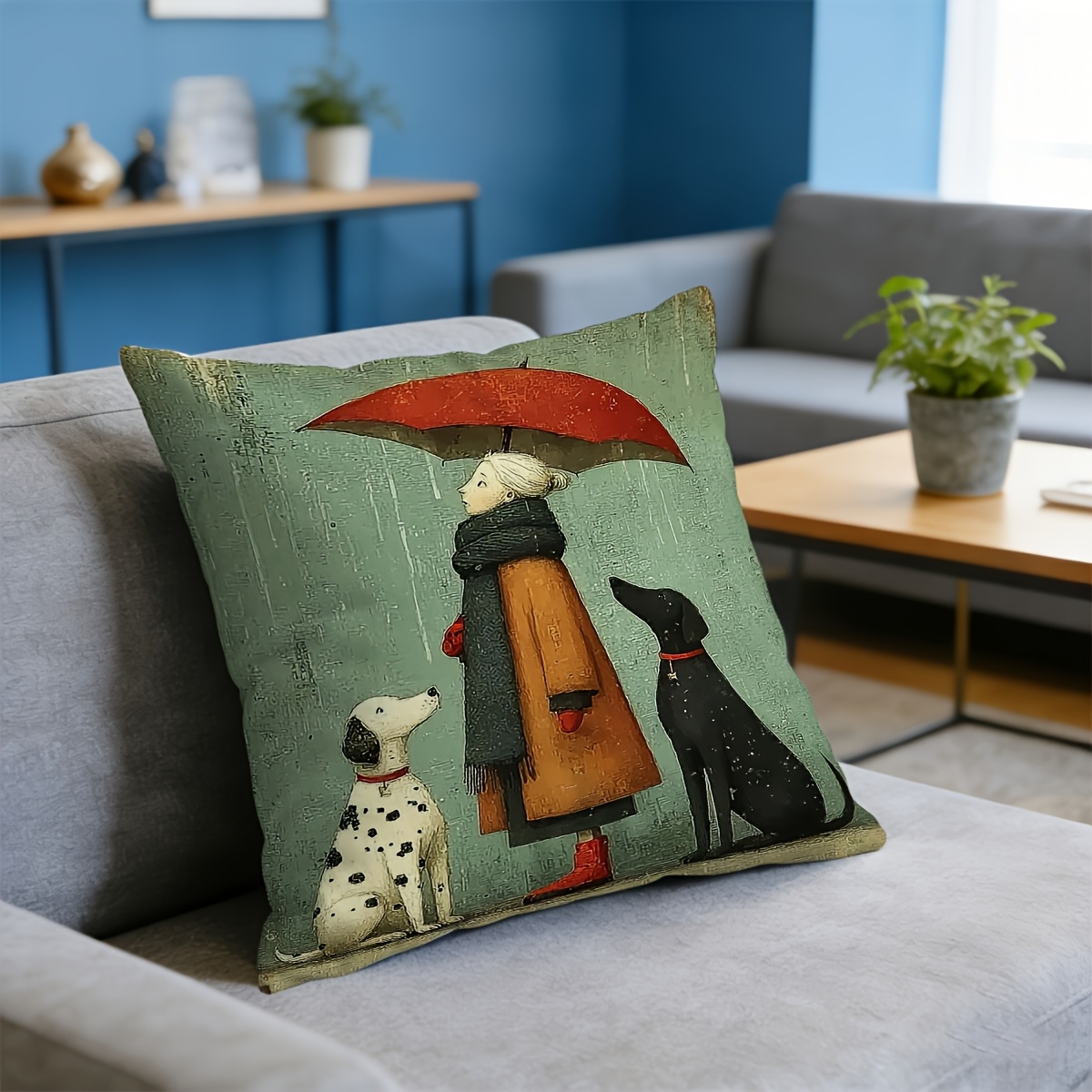 TEMU 1pc Original Dalmatian Woman & Puppy Oil Painting Pillowcase - Anime-themed Suitable For Car, Sofa Cushion Cover, Plush Zipper Closure, Machine