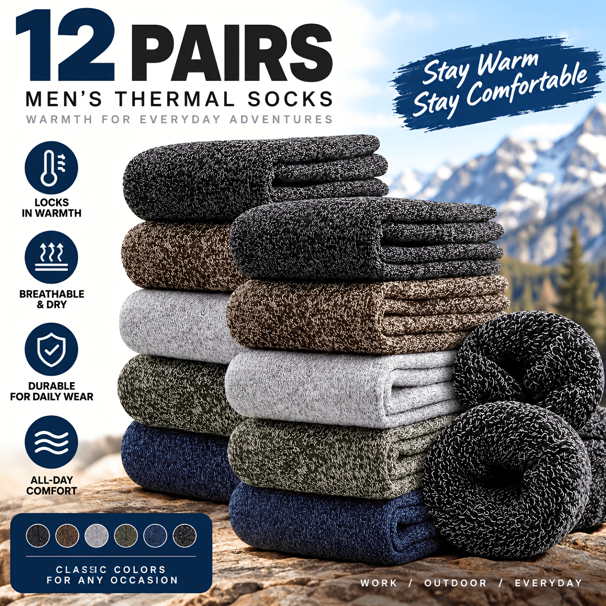 TEMU 12 Pairs Of Winter Thick Warm Lovers Socks, Retro Solid , Machine Cleaning And Dry Cleaning, Suitable For Cold Weather, Suitable For Casual