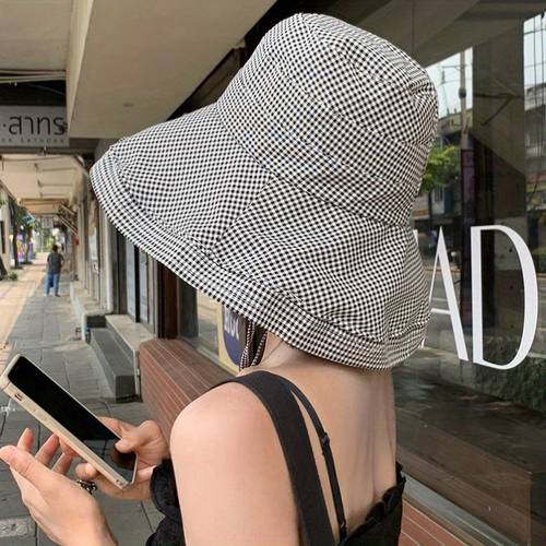 wide brim bucket hats for women fashion plaid print outdoor fisherman hats for travel beach hiking