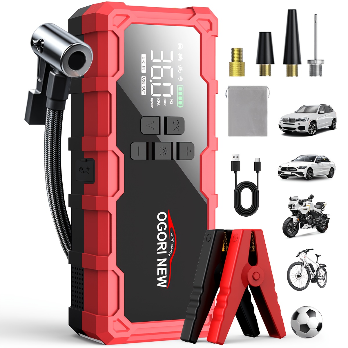Image of 10000a Car Jump Starter With 150psi Air Compressor, 12v Car Battery Booster Jump Starter Power Pack, 26800mah Portable Power Bank, Lcd Display Led Light, Auto Emergency Kit With Storage Bag