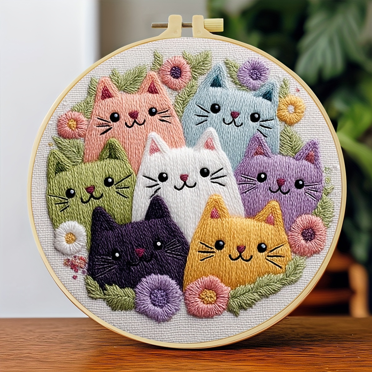 TEMU 1pc Embroidery Kit, 20x20cm/7.9x7.9 Inches, Colorful Cat, Handmade Embroidery Kit, Suitable For Adult Beginners, Includes Embroidery Cloth,