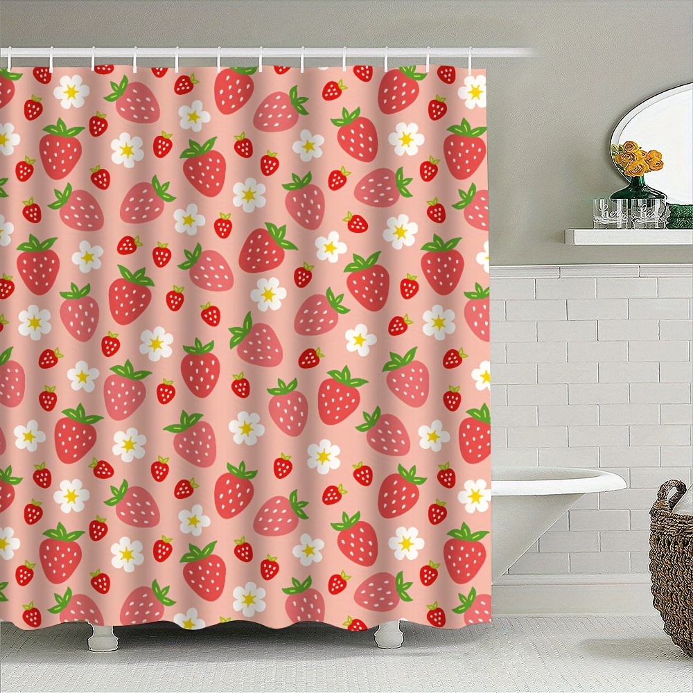 

1pc Durable Polyester Strawberry Shower Curtain With Floral Pattern, Machine Washable, Large Fruit Print Bathroom Privacy Curtain With Free Hooks, All-season Woven Bath Divider With Special Features