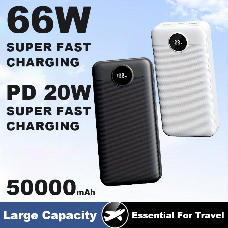 50000mah Power Bank, Fast Charging, Display, Easy To Carry, Portable Mobile Power Supply, Suitable For Iphone, Devices, Can Charge Multiple Devices At Time, Safe Lithium Polymer Battery