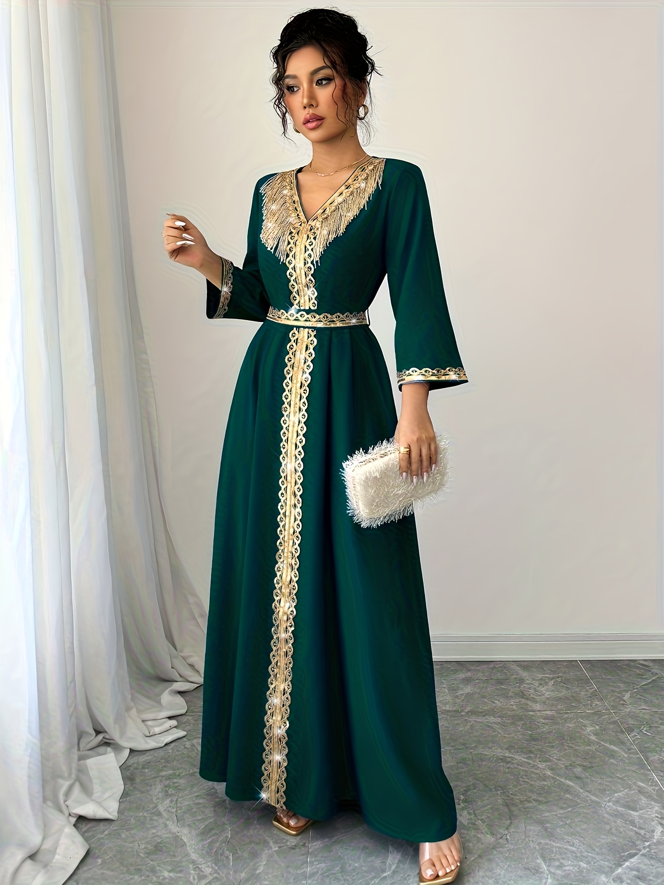emerald green tassel dress Amarra Short Gold-Fringe Emerald Party Dress -PromGirl Emerald/Gold / 16