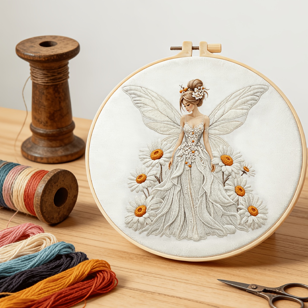 TEMU Adult Beginner & Advanced Flower Fairy Embroidery Kit Suitable For - Crafting, Complete With Hoop, , Needles, Canvas & Instructions - Hand
