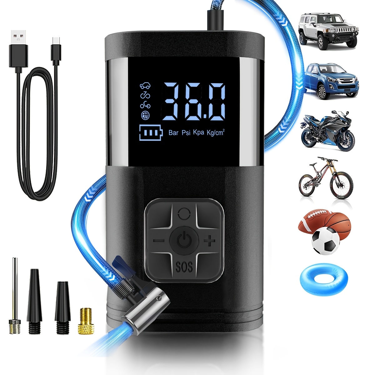 TEMU 150psi Portable Inflatable Pump - Tire Inflator With Digital Pressure Gauge, Led Light, Double Heat Dissipation, Wireless Design, 3x Inflation