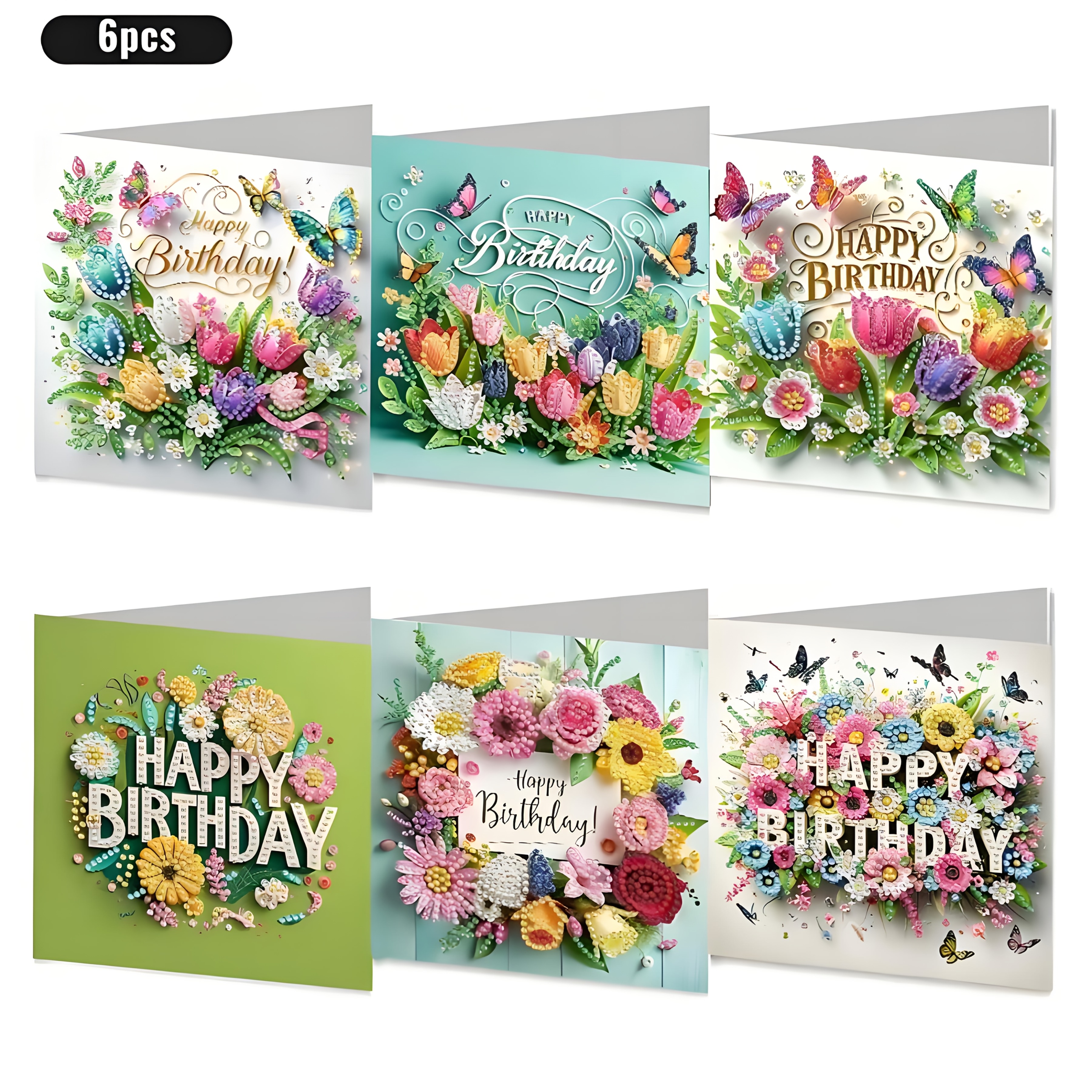TEMU Cadeaux adaptés aux , 6 pièces, cartes d'anniversaire sur le thème floral avec enveloppes, cartes de style fleur de strass et papillon, produits