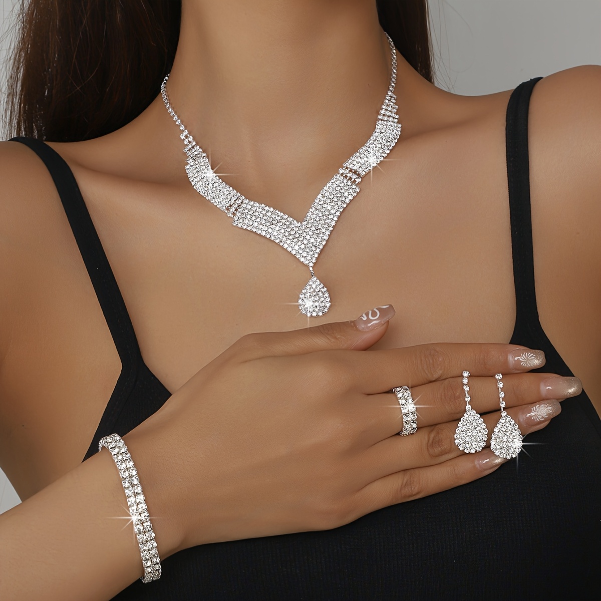 And Elegant V-shaped Water Drop Necklace, Bracelet, Earrings And Ring For Bridal Accessories