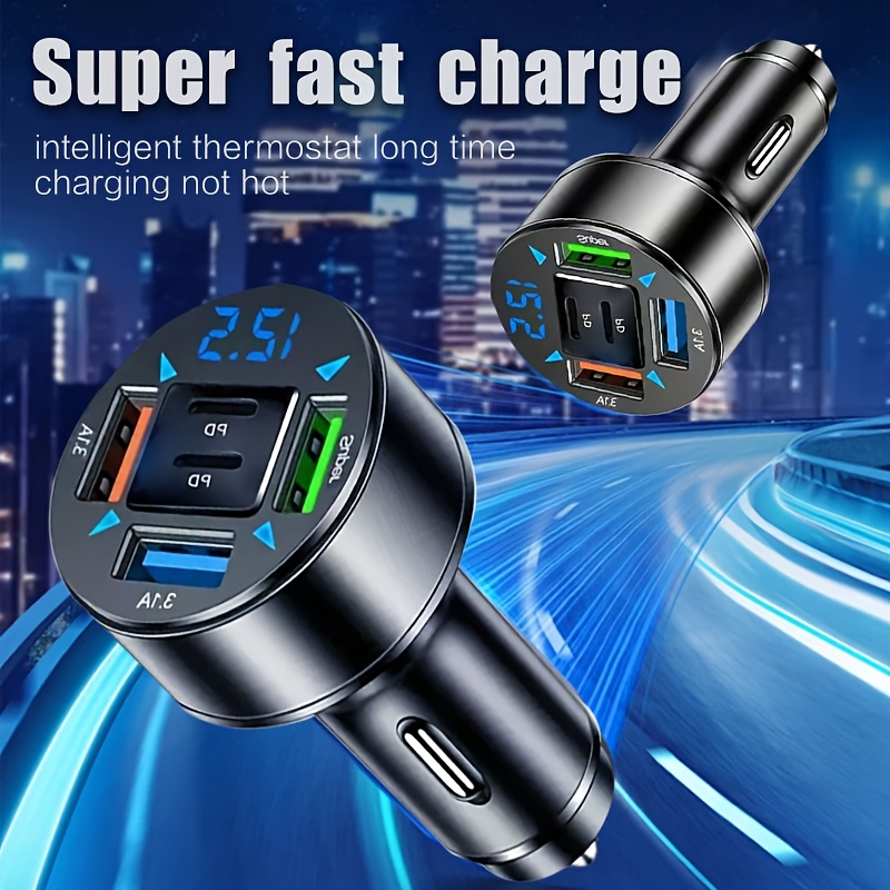 Adaptateur de voiture à charge ultra rapide 250W avec affichage numérique, 2 ports Super 3 1 3USB-C & compatible USB 2.0 - Plug & Play pour voiture, téléphone, tablette, prise de voiture, chargeur de voiture à charge rapide, sans batterie, chargement de tablette, technologie de charge moderne