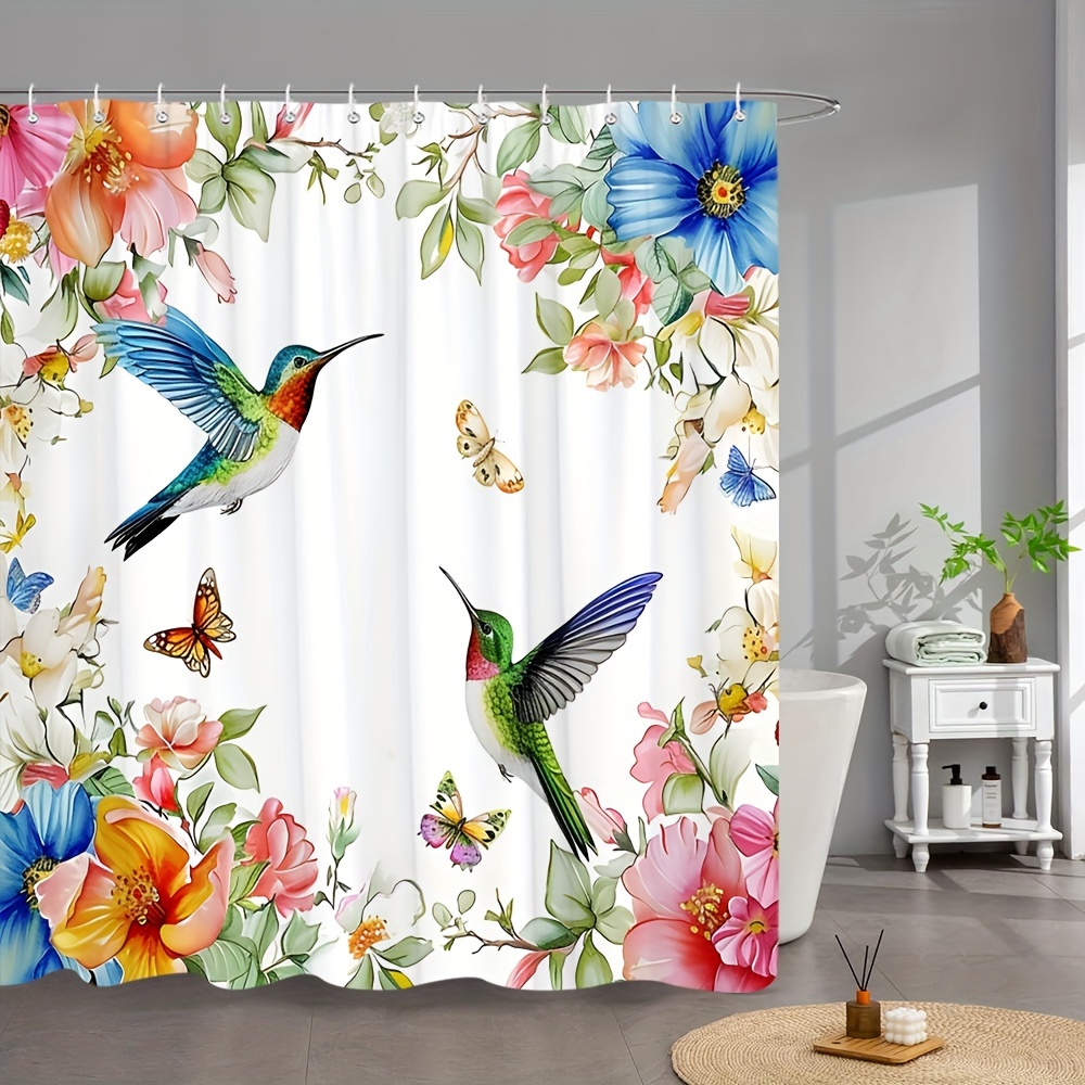 

1pc Spring Floral Hummingbird Shower Curtain, 70.8x70.8 Inch, Watercolor Pattern, Polyester Fabric, Home Bathroom Decor, Bath With Hooks, Suitable For All Bathroom And Rods