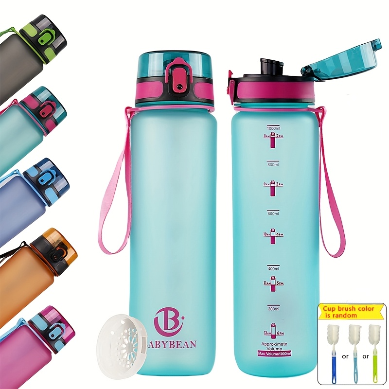 Stylish 1000ml / 32oz Frosted Water Mug - , Carrying Strap, And Quick Pop-up Cap, With Random Cup Brush- Versatile For Travel, Fitness, And Sports Activities