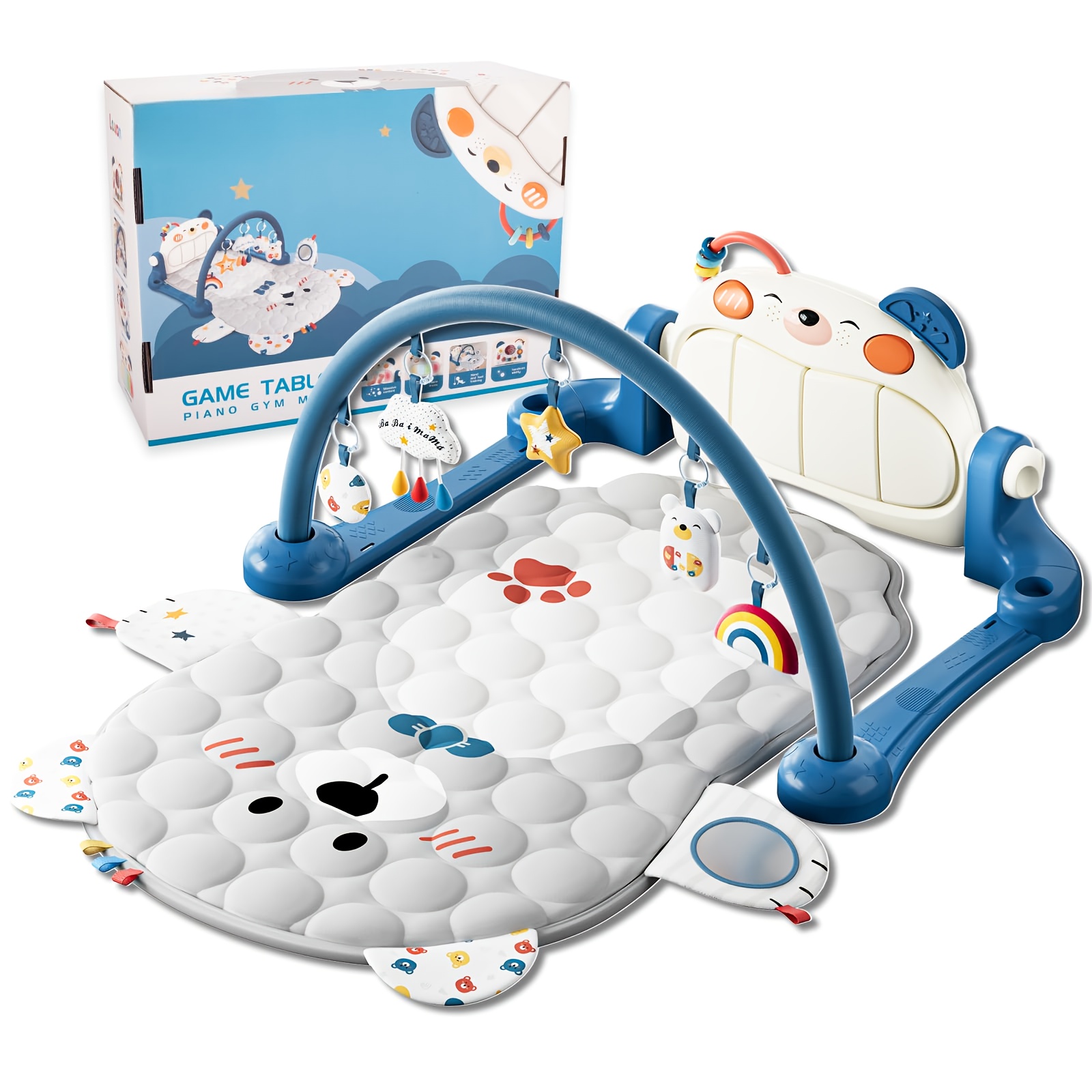 TEMU Baby Play Gym Mat, Kick And Play Piano Mat For Babies, Infant Tummy Time Activity Playmat With 5 Detachable Toys, & Clean