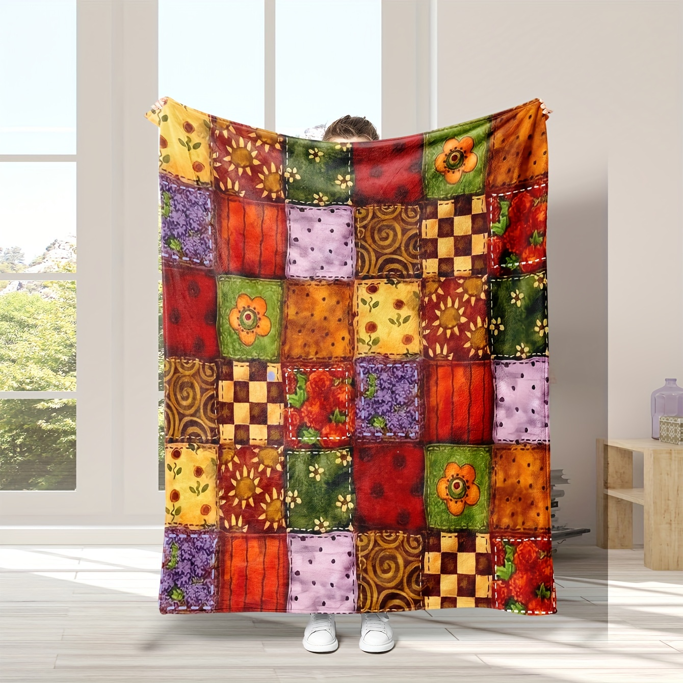 

Contemporary Reversible Flannel Throw Blanket With Patchwork Flower And Checkered Patterns - Digital Printed Throw For Bed, Sofa, Travel, And Home Decor - Ideal Gift, Machine Washable