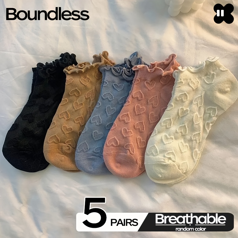 TEMU 5-pair Women's Spring, Summer, And Autumn Ruffle Heart Cut-out Mesh Breathable Low-cut Versatile Ankle Socks, Colors Random
