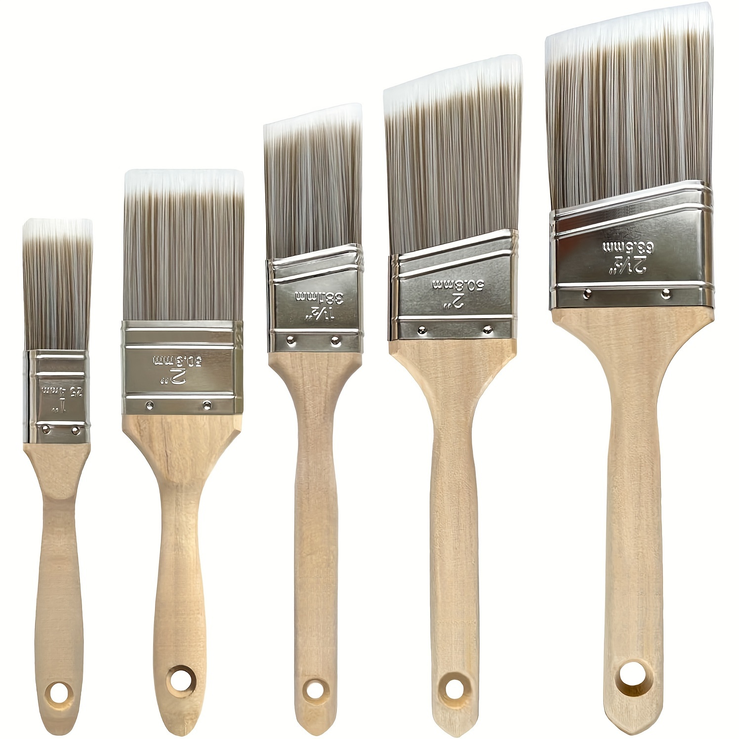 

Paint Brush Set Of 5, Tapered Synthetic Filament, Wood Handle, Sash Detail Brushes For Walls, Cabinets & Fences, Professional Grade Tools