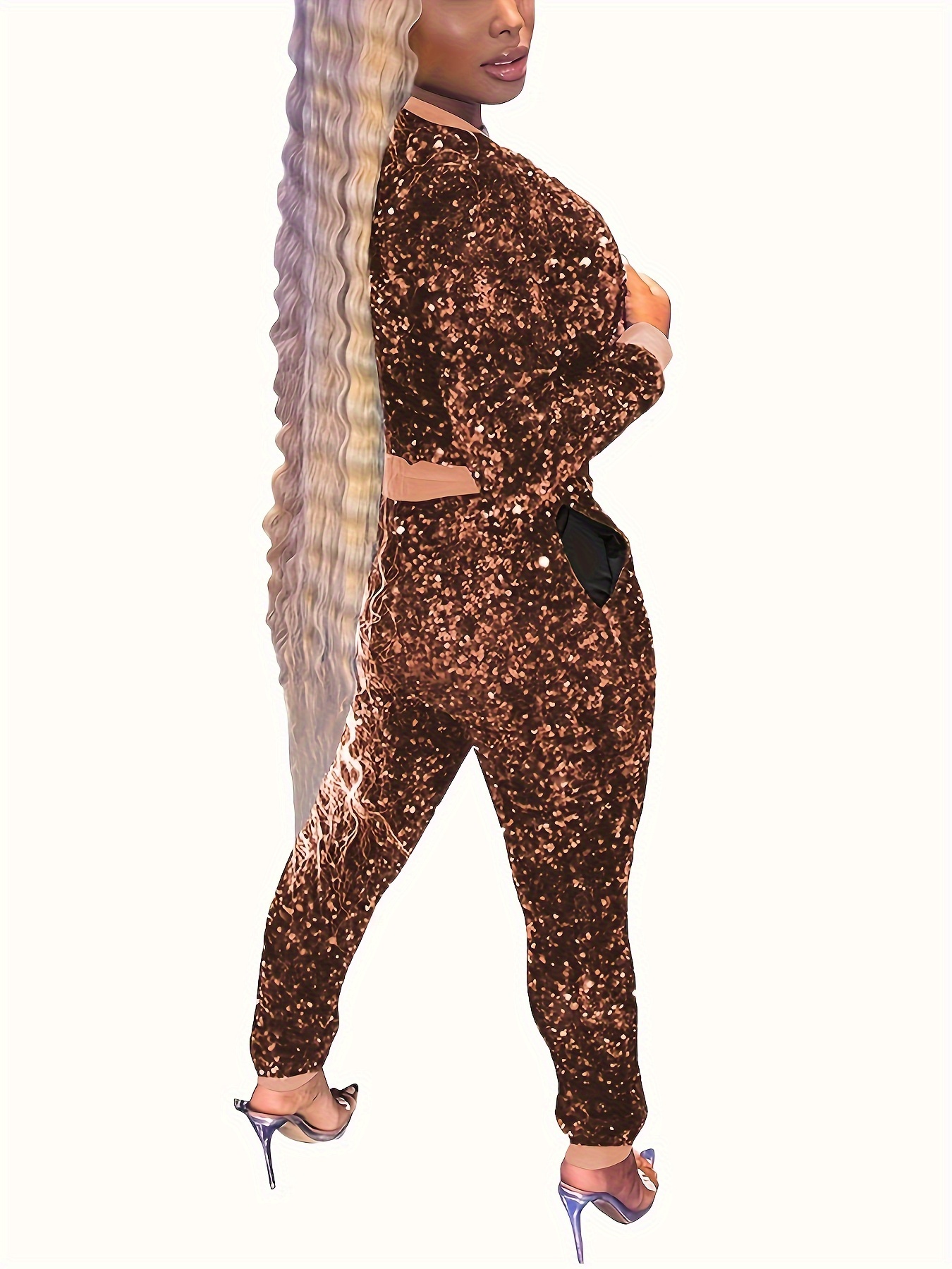 velour tracksuit womens sequin two piece set solid full zip Temu