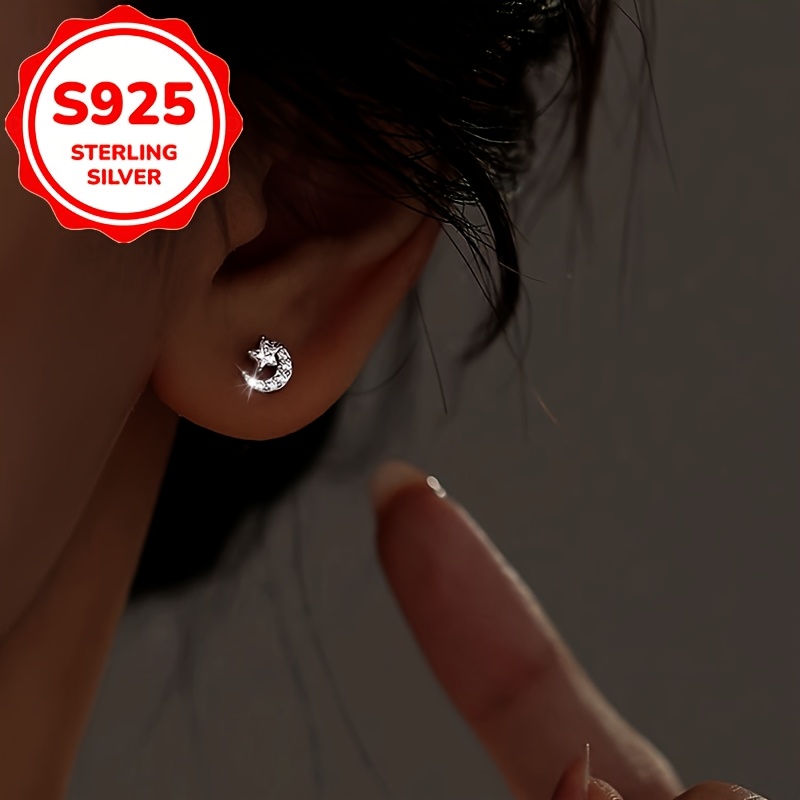 2pcs Women's S925 Silver Bling Star Moon Earrings Set