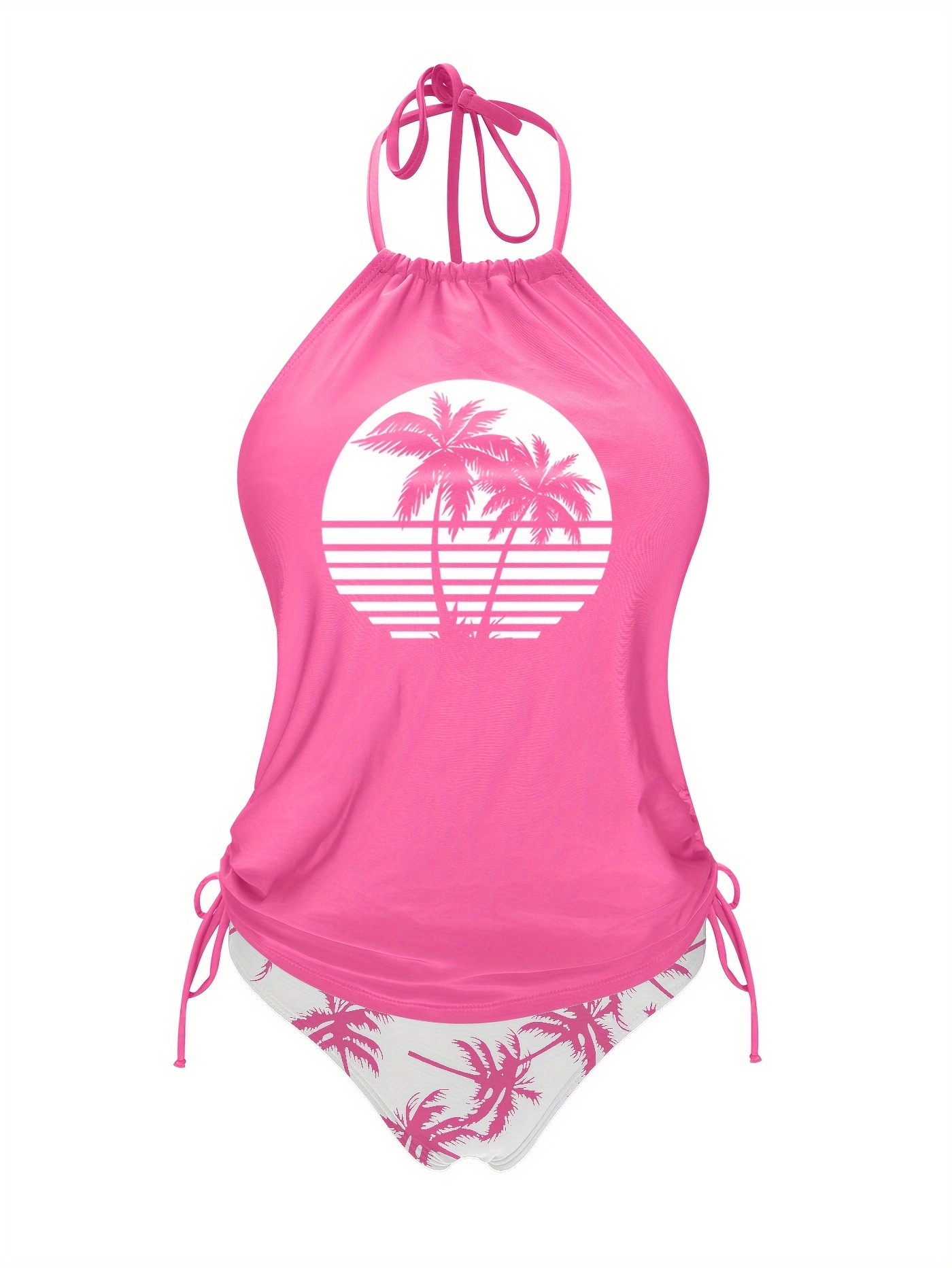 Coconut Tree Set Pattern Drawstring 2pcs Set Swimsuit, Halter Tie Neck Backless Stretchy Low Waist Bathing Suit for Beach Pool, Women'S Swimwear & Clothing