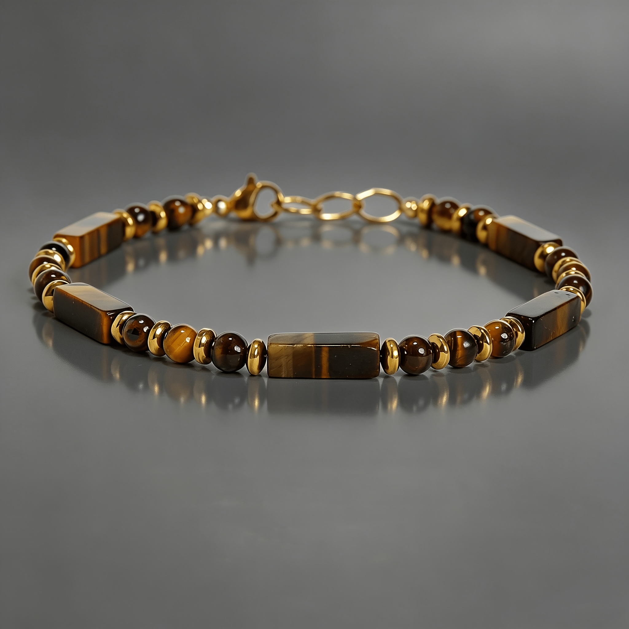 TEMU Unisex Handmade Natural Eye Tube And Round Bead Men's Bracelet With Golden Spacers, Wealth Stone Jewelry For Office And Daily Wear, Elegant For