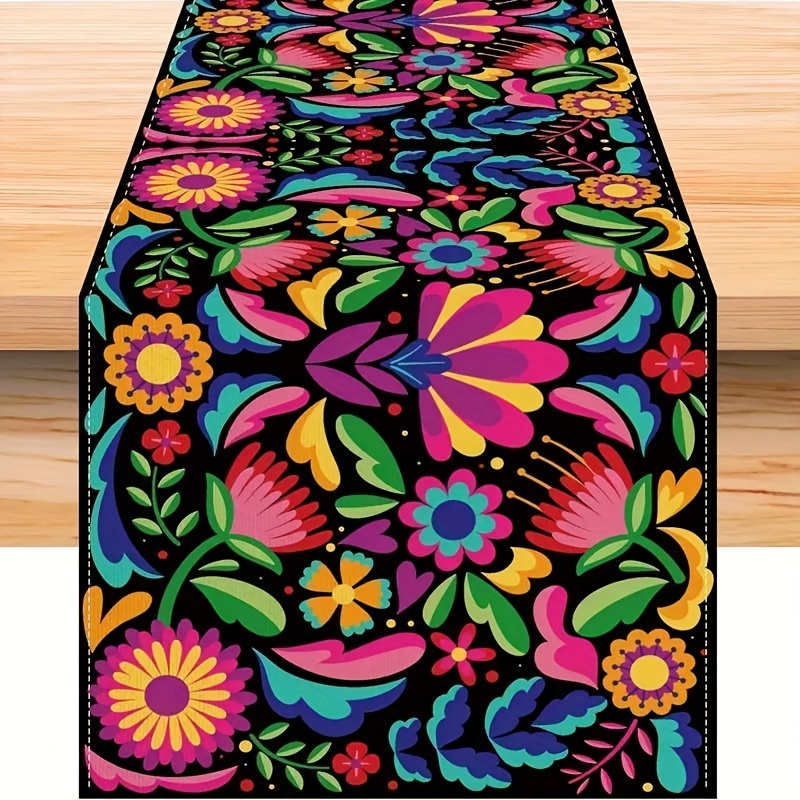 

Vibrant Mexican Fiesta Linen Table Runner - Perfect For Cinco De Mayo & Day Of The Dead Celebrations, Dia De Los Muertos Decor, Available In 13x48/72/108 Inches Mexican Tablecloth