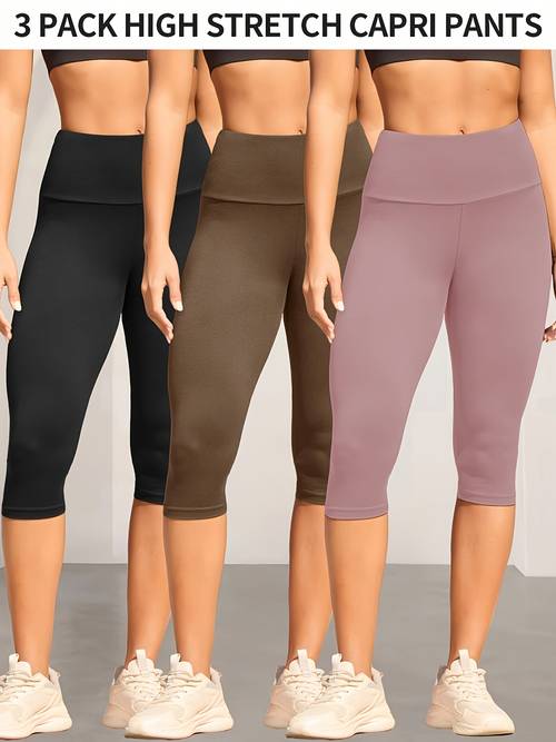 3 pack womens high waisted tummy control yoga capri pants super soft non see through workout leggings high machine washable solid color for running gym casual wear spring summer fall
