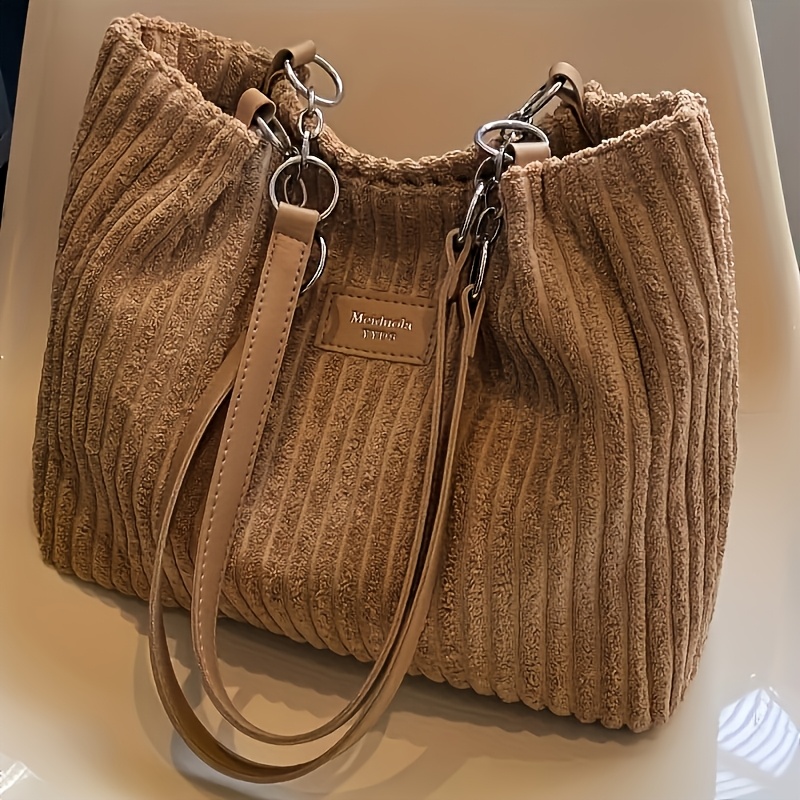 TEMU Perfect Lily Women's Corduroy Tote Bag With Plush Fluffy Shoulder Strap - Large Capacity Corduroy Handbag Suitable For Commuting, Shopping,