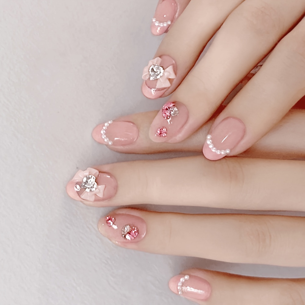 

24pcs Pure Desire Light Luxury Style Wearing Nail Slices Sweet Bow Nail Stickers Short French Wearing Nail Stickers