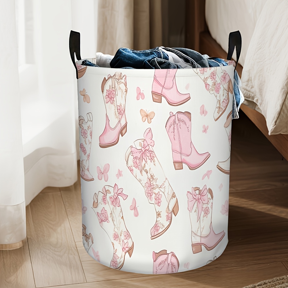 TEMU 1pc Printed Pink Western-style Boot-shaped Large-capacity Storage Basket, Used As An Open Laundry Basket, Suitable For Bedrooms And Laundry