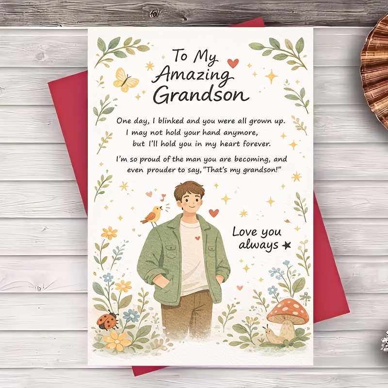 1pc greeting card grandson greeting card to   grandson love   floral   for birthday graduation encouragement from grandparents flat card