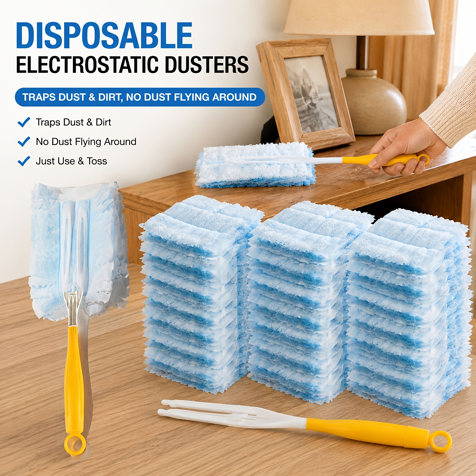 TEMU 32pcs Electrostatic Dust Collectors, Disposable Microfiber Pads With Handle, Electrostatic Dust Cloth Filling, Essential For Home And Car