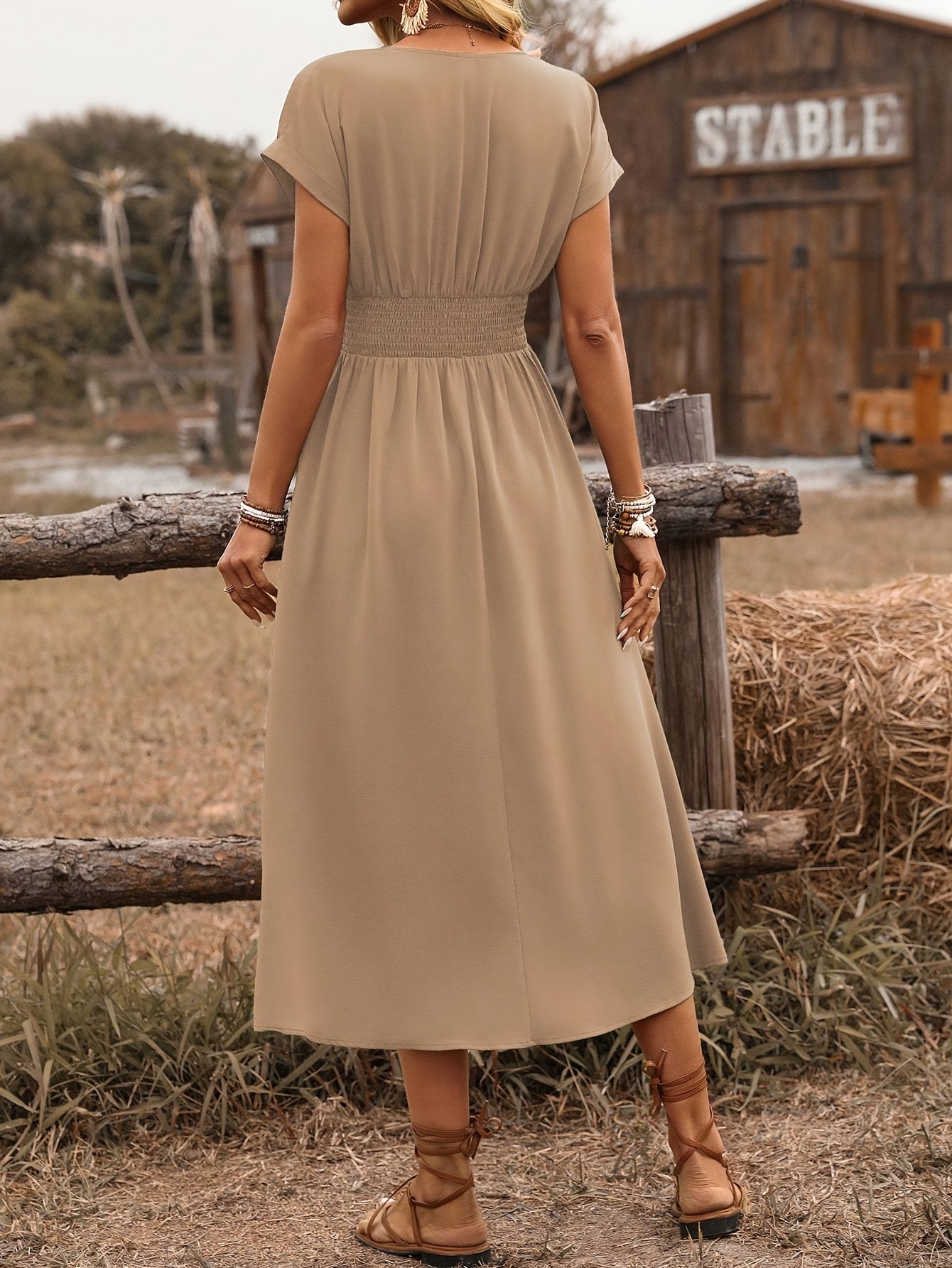 v neck ruched solid waist twisted sleeve dress temu - Temu