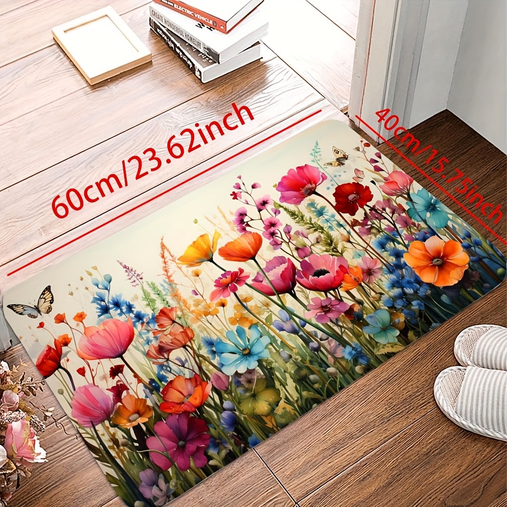 TEMU 1pc Felpudo Floral Acuarela - Fácil de Limpiar, Diseño Floral para Baño, Cocina, , Porche, - a Máquina, Alfombra de Baño | Alfombra con Floral |