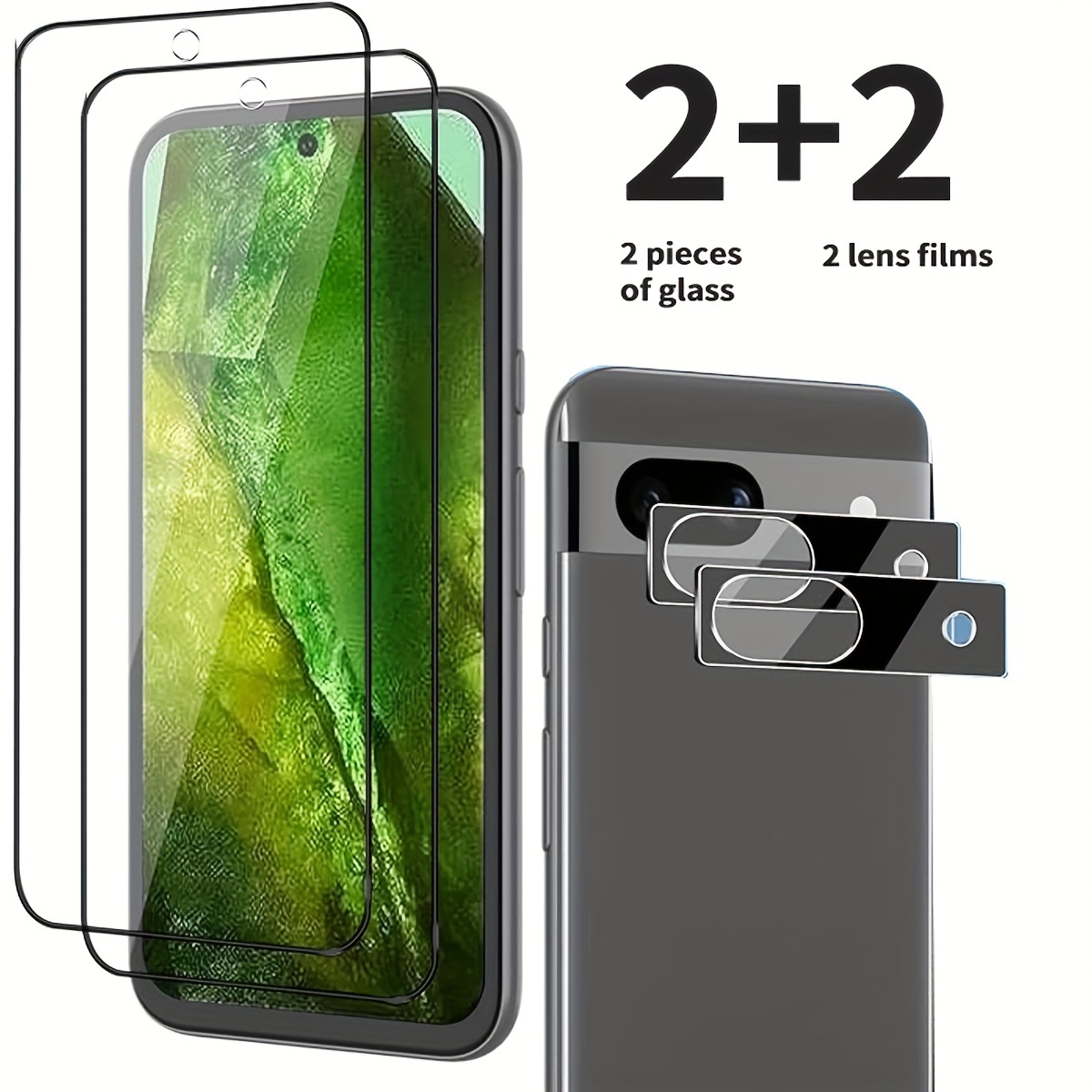 

4en1 [2pcs Protecteur d'Écran pour Google Pixel 8a + 2pcs Protecteur de Lentille de Caméra], Verre Trempé de Dureté 9H Couverture Complète Film Transparent HD pour Protecteur d'Écran Pixel 8A