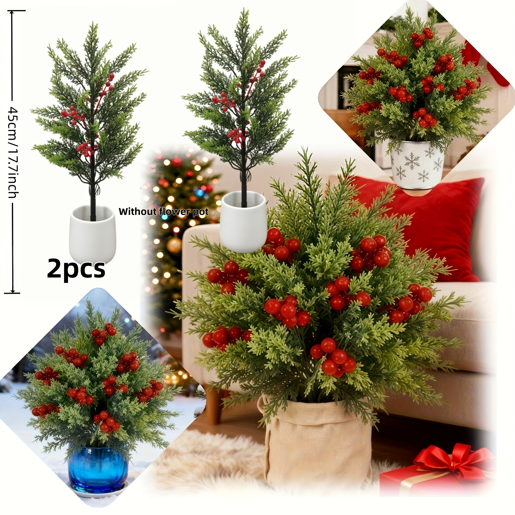 TEMU 2pcs Artificial Pine And Trees With Red Berries, With Base And Stakes, Evergreen Decor For , Suitable For Gardens, Courtyards, Doorways -