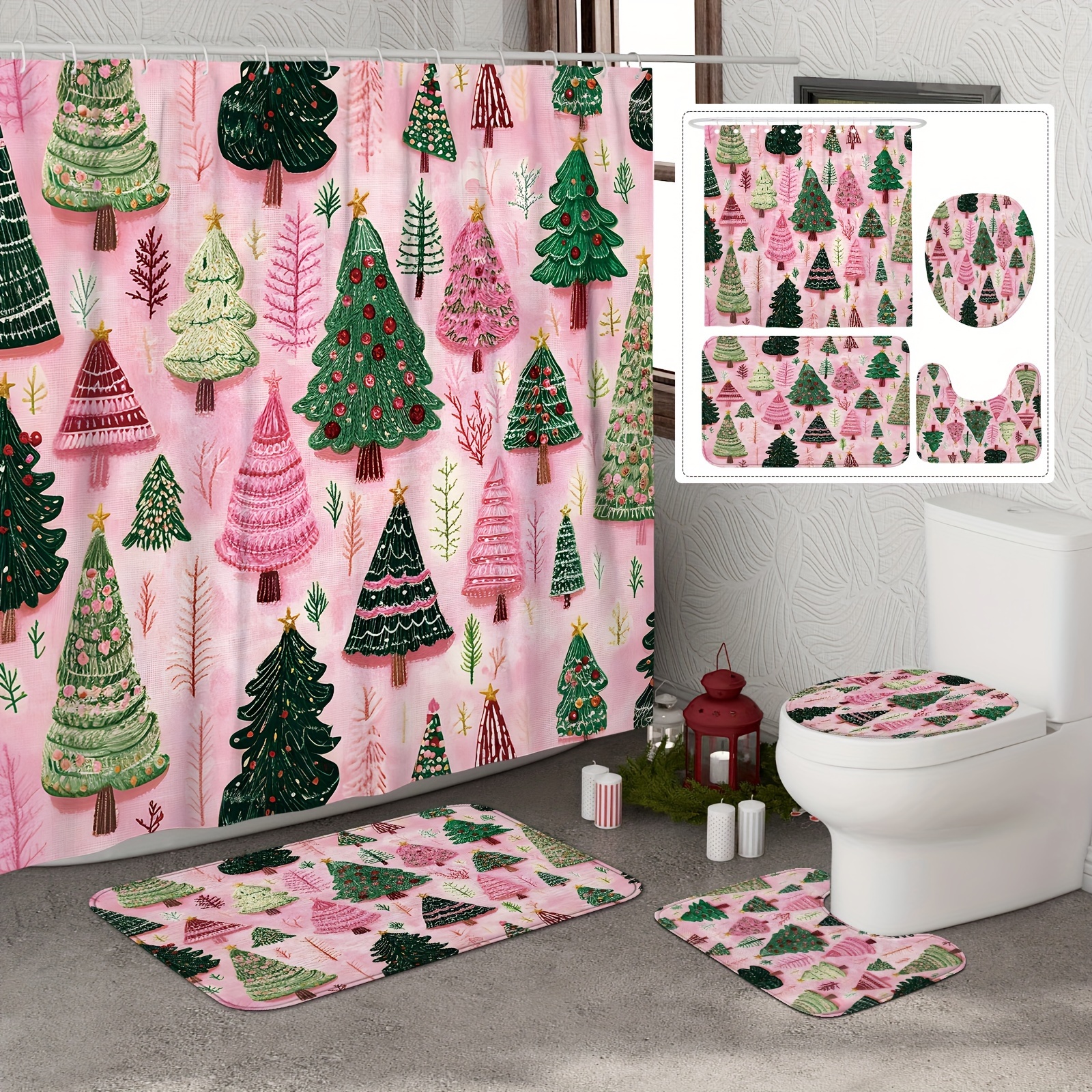 

Festive Christmas Shower Curtain Set - 1/4pcs Winter Tree Design, Waterproof Polyester With Non-slip Bath Mat, U-shaped Toilet Lid Cover & 12 Hooks - Machine Washable Holiday Bathroom Decor