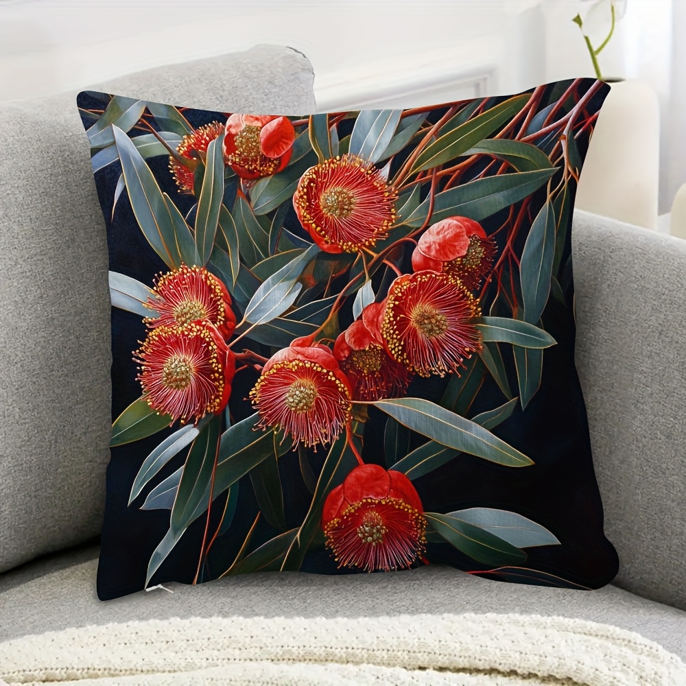 TEMU 1pc Vintage Australian Floral Polyester Pillow Cover 18"x18" - Zipper Closure, Machine Washable, Dark Background With Vibrant Print, Ideal For