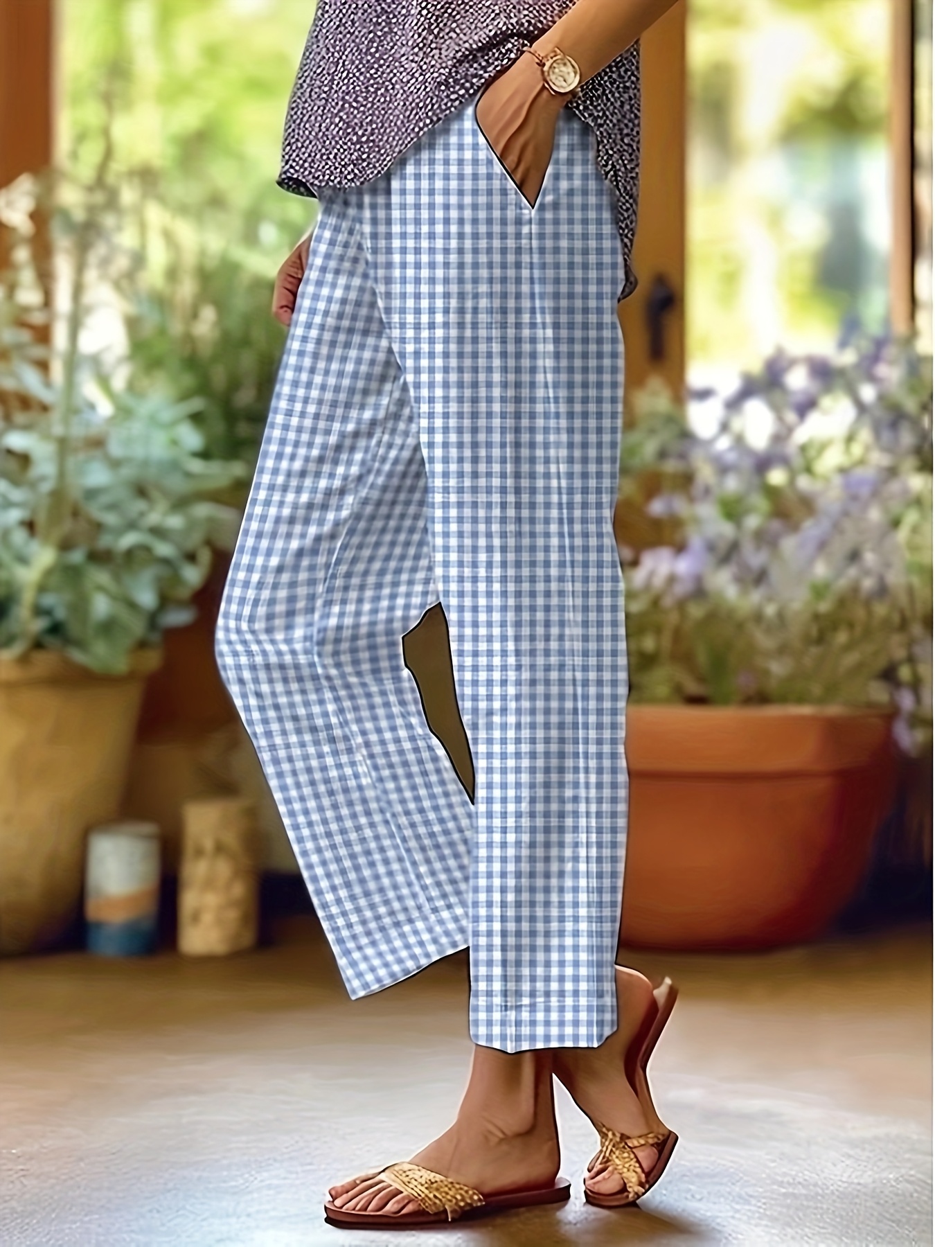 womens blue white gingham check geometric print Temu United Kingdom